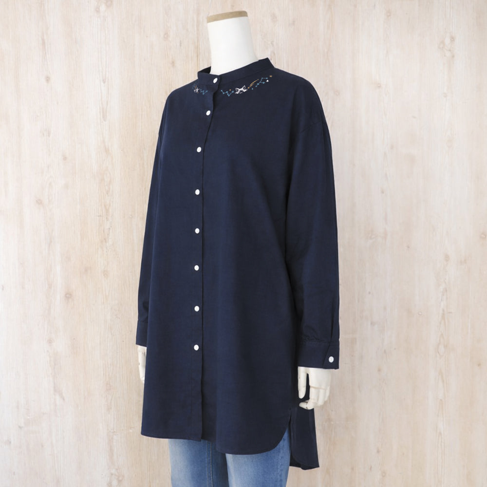 衿刺繍シャツチュニック　Ｆ　星座　紺